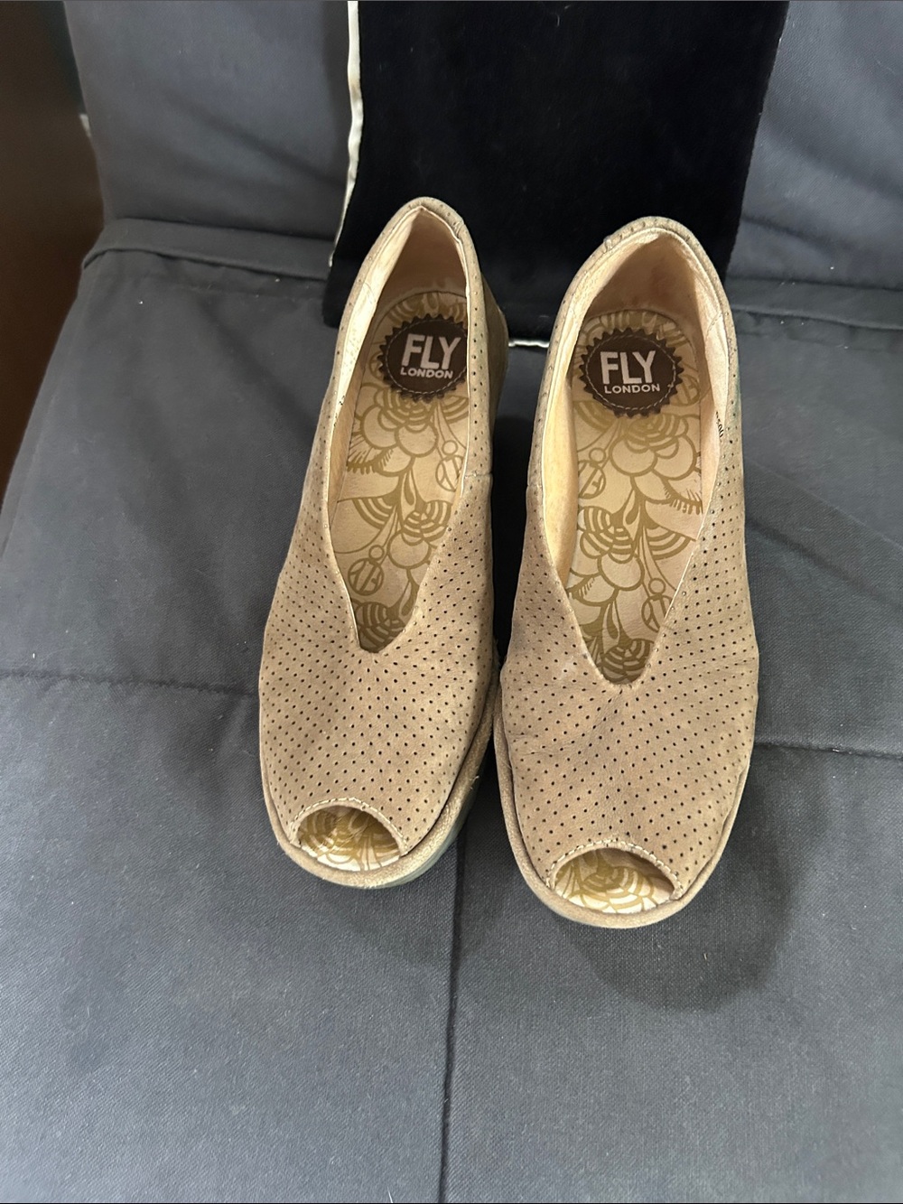 Fly London Taupe Suede Perforated Peep-Toe Wedges